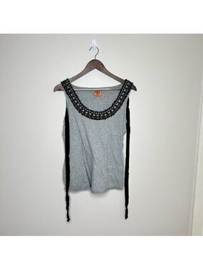 Tory Burch Large Grey Jewel Neck Tie Detail Sleeveless Tunic
